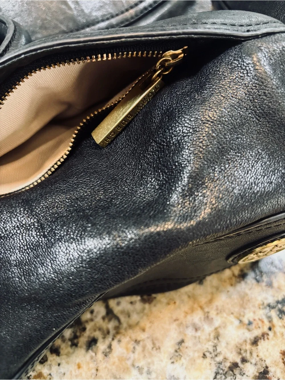 Tory Burch Black Leather Messenger with Gold Hardware